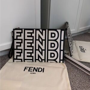 Fendi Black & White Graphic Logo Wrist Pouch
